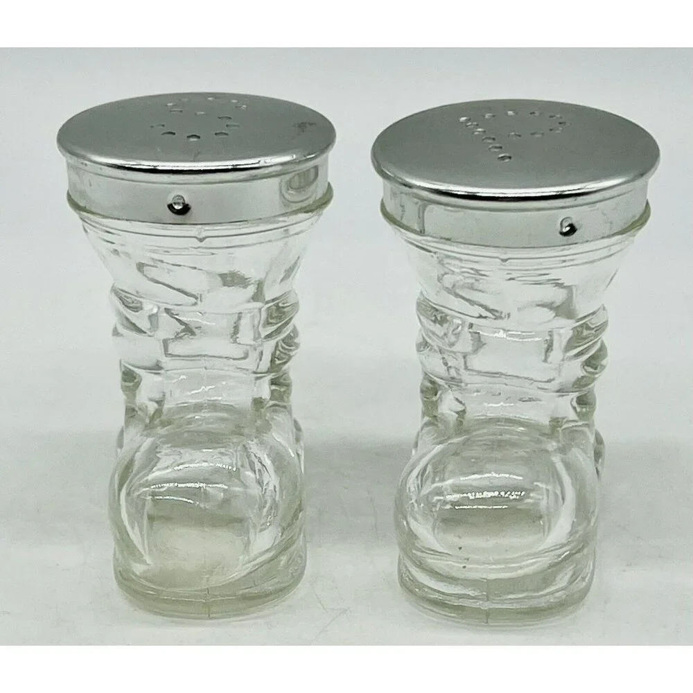 Vintage‎ Clear Glass Boots Shoes Salt Pepper Shaker Set Santa Silver Tops 2 inch